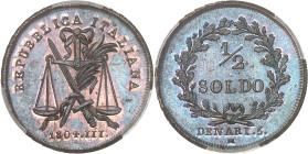 ITALIE - ITALY
Lombardie, République italienne (1802-1805). Essai de 1/2 soldo (5 deniers), Frappe spéciale (SP) 1804 - AN III, M, Milan.
Av. REPUBB...