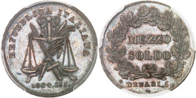 ITALIE - ITALY
Lombardie, République italienne (1802-1805). Essai de mezzo soldo (5 deniers), Frappe spéciale (SP) 1804 - AN III, M, Milan.
Av. REPU...