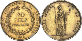 ITALIE - ITALY
Lombardie, Gouvernement provisoire de (1848). 20 lire 1848, M, Milan.
Av. GOVERNO PROVVISORIO DI LOMBARDIA. Couronne formée d'une bra...