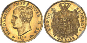 ITALIE - ITALY
Milan, royaume d’Italie, Napoléon Ier (1805-1814). 40 lire, 2e type, tranche en creux 1814, M, Milan.
Av. NAPOLEON IMPERATORE E RE (d...