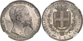 ITALIE - ITALY
Savoie-Sardaigne, Victor-Emmanuel II (1849-1861). 5 lire 1857, Tête d’aigle, Turin.
Av. VICTORIVS EMMANVEL II. D. G. REX SARD. CYP. E...