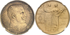 ITALIE - ITALY
Victor-Emmanuel III (1900-1946). Essai de 100 lire en métal doré avec Minerve et l’Agriculture par S. Johnson, Flan bruni mat (PROOF) ...