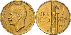 ITALIE - ITALY
Victor-Emmanuel III (1900-1946). 100 lire au faisceau sur Flan mat (Matte) 1923, R, Rome.
Av. VITTORIO EMANVELE III RE D’ITALIA. Tête...