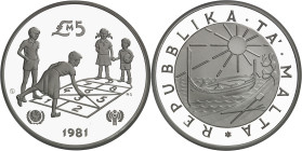 MALTE - MALTA
République. Piéfort de 5 livres maltaises, Année internationale de l’enfant de 1979 (IYC) 1981, CHI, Chiasso (Valcambi S.A.).
Av. Enfa...
