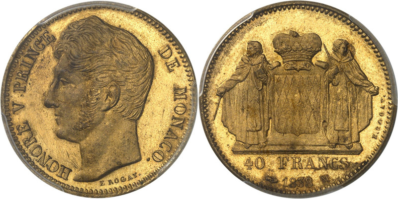 MONACO
Honoré V (1819-1841). Essai de 40 francs en cuivre doré, par É. Rogat, F...