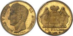 MONACO
Honoré V (1819-1841). Essai de 40 francs en cuivre doré, par É. Rogat, Frappe spéciale (SP) 1838, Monaco.
Av. HONORE V PRINCE - DE MONACO. Tê...