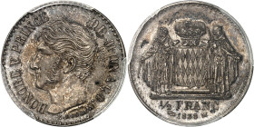 MONACO
Honoré V (1819-1841). Essai de 1/2 franc en argent, par É. Rogat, Frappe spéciale (SP) 1838, Monaco.
Av. HONORE V PRINCE - DE MONACO. Tête nu...