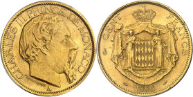 MONACO
Charles III (1853-1889). 100 (Cent) francs 1886, A, Paris.
Av. CHARLES III PRINCE DE MONACO. Tête nue à droite, au-dessous signature PONSCARM...