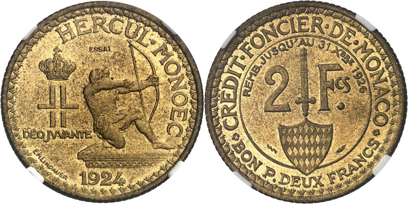 MONACO
Louis II (1922-1949). Essai de 2 francs en cupro-aluminium 1924, éclair,...