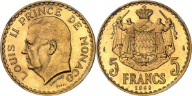 MONACO
Louis II (1922-1949). Essai de 5 francs en Or 1945, Paris.
Av. LOUIS II PRINCE DE MONACO. Tête nue à gauche ; au-dessous, signature L. MAUBER...