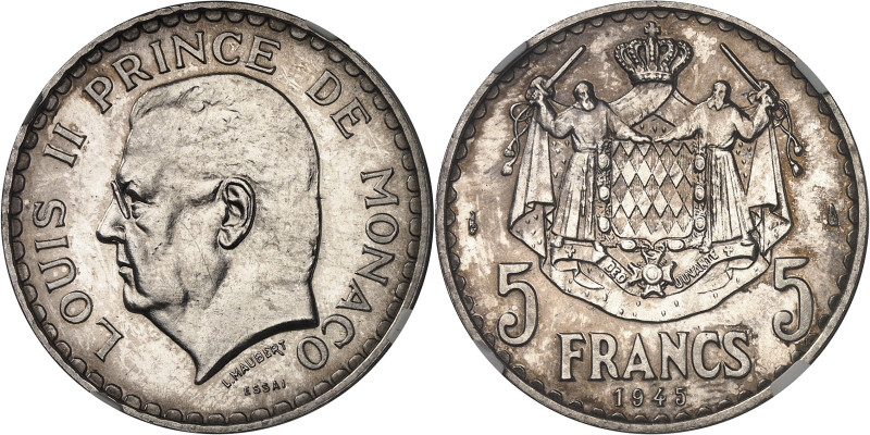 MONACO
Louis II (1922-1949). Essai de 5 francs en argent 1945, Paris.
Av. LOUI...