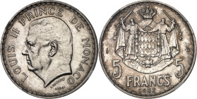 MONACO
Louis II (1922-1949). Essai de 5 francs en argent 1945, Paris.
Av. LOUIS II PRINCE DE MONACO. Tête nue à gauche ; au-dessous, signature L. MA...