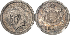 MONACO
Louis II (1922-1949). Essai de 2 francs en argent ND (1943), Paris.
Av. LOUIS II PRINCE DE MONACO. Tête nue à gauche ; au-dessous, signature ...