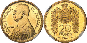 MONACO
Louis II (1922-1949). Essai de 20 francs en Or 1947, Paris.
Av. LOUIS II PRINCE - DE MONACO. Buste à gauche ; signature P. TURIN. 
Rv. 20 FR...