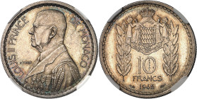 MONACO
Louis II (1922-1949). Essai de 10 francs en argent, Flan bruni (PROOF) 1945, Paris.
Av. LOUIS II PRINCE - DE MONACO. Buste à gauche ; signatu...