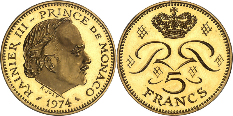 MONACO
Rainier III (1949-2005). Piéfort de 5 francs en Or, Flan bruni (PROOF) 1...