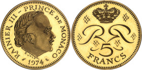 MONACO
Rainier III (1949-2005). Piéfort de 5 francs en Or, Flan bruni (PROOF) 1974, Paris.
Av. RAINIER III - PRINCE DE MONACO. Tête nue à droite ; a...