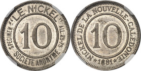 NOUVELLE-CALÉDONIE - NEW CALEDONIA
IIIe République (1870-1940). 10 (centimes), Société anonyme Le Nickel, frappe médaille 1881.
Av. SPECIMEN “LE NIC...