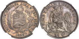 PÉROU - PERU
République du Pérou (depuis 1821). 50 centimos 1859 YB/Y, Lima.
Av. REPUBLICA PERUANA LIMA 9 DECs FINO (essayeur). Sur une couronne for...