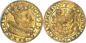 POLOGNE - POLAND
Sigismond III Vasa (1587-1632). Ducat 1596 PK, Gdansk (Dantzig).
Av. SIGIS. 3. D:. G. REX. POL. ET. SVE. D. P. Buste couronné, drap...