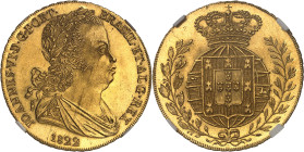 PORTUGAL
Jean VI (1799-1826). Peça de 6400 réis (4 escudos) 1822, Lisbonne.
Av. JOANNES. VI. D. G. PORT. - BRASIL. ET. ALG. REX. Buste lauré, drapé ...