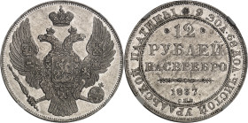 RUSSIE - RUSSIA
Nicolas Ier (1825-1855). 12 roubles en platine 1837, СПБ, Saint-Pétersbourg.
Av. Aigle impériale bicéphale couronnée, tenant un glob...