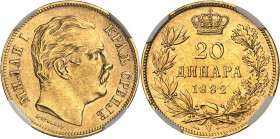 SERBIE - SERBIA
Milan Ier (1882-1889). 20 dinara 1882, V, Vienne.
Av. Légende en cyrillique. Tête nue à droite ; au-dessous, signature A. SCHARFF. ...