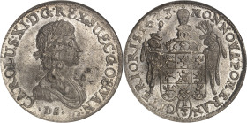 SUÈDE - SWEDEN
Charles XI (1660-1697). 1/3 de thaler (aussi 1/2 florin), occupation de la Poméranie 1673 DS, Stettin.
Av. CAROLUS. XI. D: G. REXSUEC...