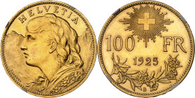 SUISSE - SWITZERLAND
Confédération Helvétique (1848 à nos jours). 100 francs Vreneli 1925, B, Berne.
Av. HELVETIA. Buste d’Helvetia à gauche ; signa...