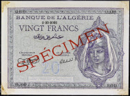 ALGÉRIE - ALGERIA
20 francs type “SPECIMEN” ND (1942-1944).
P.92as.
Top Pop : c’est le plus bel exemplaire gradé ! Alphabet 0.00 - numéro 000, avec...