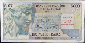 ALGÉRIE - ALGERIA
50 nouveaux francs surchargé sur 5000 francs 16-2-1956.
P.113.
Alphabet W.1560 - numéro 502, ce type est très rare et recherché d...