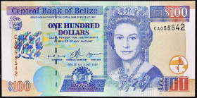 BELIZE
100 dollars 1er juin 1997.
P.65.
Alphabet CA - numéro 055542, avec le portrait de la reine Elisabeth II sur le côté droit. Type recherché en...