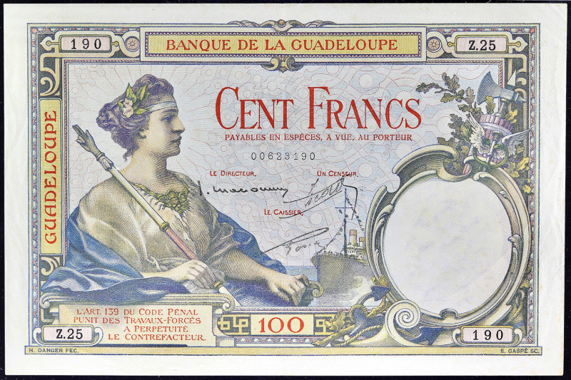 GUADELOUPE
100 francs type “Femme au sceptre” ND (1934).
P.16.
Alphabet Z.25 ...