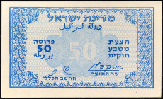 ISRAËL - ISRAEL
50 prutah émission d’urgence ND (1952).
P.8.
Série 08727 - numéro 0117/B, ce type est rare et recherché dans tous les états de cons...