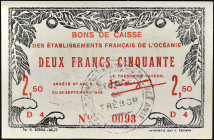 OCÉANIE FRANÇAISE - FRENCH OCEANIA
2.50 francs 1943.
P.13a.
Alphabet D4 - numéro 0093, avec un tampon noir avec mention “Trésor” au milieu du bille...