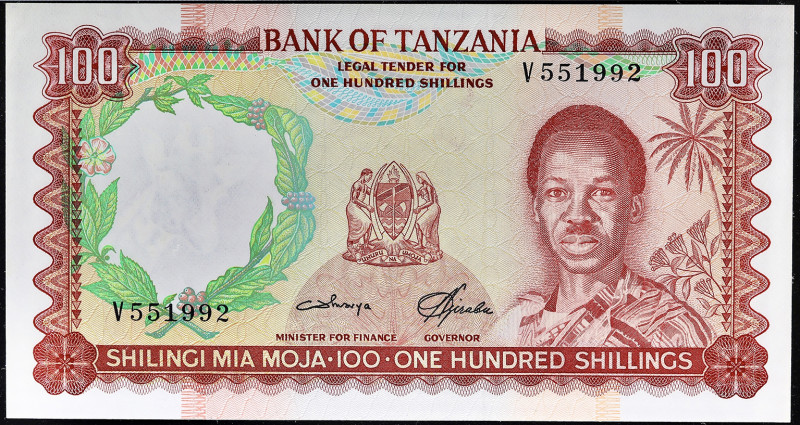 TANZANIE - TANZANIA
100 schillings 1966.
P.5b.
Alphabet V - numéro 551992, ce...