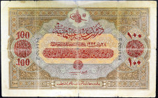 TURQUIE - TURKEY
100 livres ND (1917) / AH (1333).
P.106.
Alphabet F - numéro 005154, imprimé en noir de manière verticale. Ce type est très rare e...