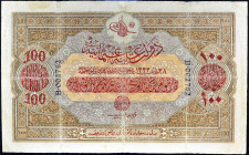 TURQUIE - TURKEY
100 livres ND (1917) / AH (1333).
P.106.
Alphabet B - numéro 002762, imprimé en noir de manière verticale. Ce type est très rare e...