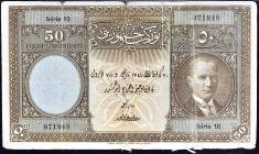 TURQUIE - TURKEY
50 livres avec le portrait d’Atatürk ND (1926) / AH (1341).
P.122a.
Série 10 - numéro 071848, impression de couleur brune et verte...