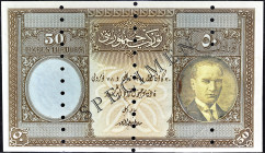 TURQUIE - TURKEY
50 livres type “SPECIMEN” avec le portrait d’Atatürk découpé et recollé ND (1926) / AH (1341).
P.122s.
Pas de série, ni de numéro,...