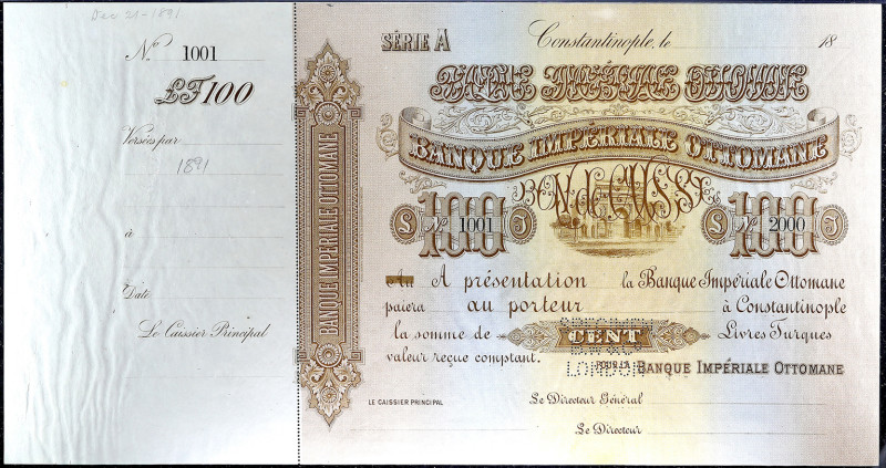 TURQUIE - TURKEY
100 lira type “Specimen” - Banque impériale Ottomane ND (1891)...