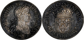 FRANCE / CAPÉTIENS - FRANCE / ROYAL
Louis XIV (1643-1715). Écu à la mèche longue 1647, K, Bordeaux.
Dy.1469 - G.202 - Dav.3799 ; Argent - 27,25 g - 39...