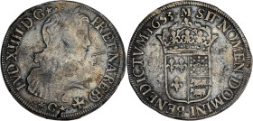 FRANCE / CAPÉTIENS - FRANCE / ROYAL
Louis XIV (1643-1715). Écu de Béarn à la mèche longue 1653, Morlaàs.
Dy.1477 - G.204 - Dav.3801 ; Argent - 26,69 g...
