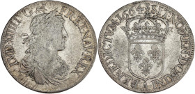 FRANCE / CAPÉTIENS - FRANCE / ROYAL
Louis XIV (1643-1715). Écu au buste juvénile, 1er poinçon d’effigie 1664, A, Paris.
Dy.1483 - G.205 - Dav.3802 ; A...