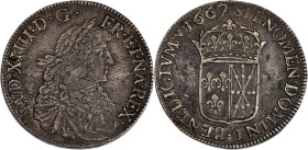 FRANCE / CAPÉTIENS - FRANCE / ROYAL
Louis XIV (1643-1715). Écu de Navarre au buste juvénile 1667, Saint-Palais.
Dy.1489 - G.207 - Dav.3803 ; Argent - ...