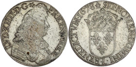FRANCE / CAPÉTIENS - FRANCE / ROYAL
Louis XIV (1643-1715). Écu à la cravate, 1ère émission par J-B. Dufour 1678, L, Bayonne.
Dy.1493 - G.209 - Dav.380...