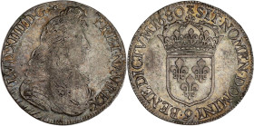 FRANCE / CAPÉTIENS - FRANCE / ROYAL
Louis XIV (1643-1715). Écu à la cravate, 2e émission par F. Warin 1680, 9, Rennes.
Dy.1493 - G.210 - Dav.3805 ; Ar...