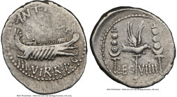 Marc Antony (43-30 BC). AR denarius (19mm, 3.68 gm, 9h). NGC VF 4/5 - 4/5. Legionary issue, mint traveling with Antony in Greece (Aegae or Patrae), 32...