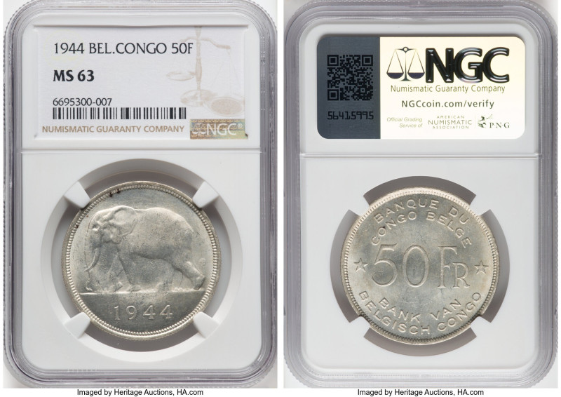 Belgian Colony 50 Francs 1944 MS63 NGC, Pretoria mint, KM27. HID09801242017 © 20...