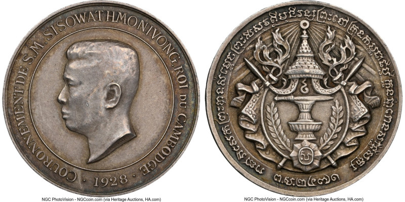 Sisowath Monivong silver "Coronation" Medal 1928 AU58 NGC, Lec-146, 34mm. Plain ...